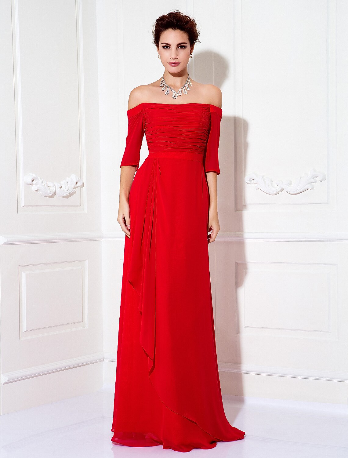 Wholesale  Sheath / Column Minimalist Dress Wedding Guest Formal Evening Sweep / Brush Train Half Sleeve Off Shoulder Bridesmaid Dress Chiffon with Ruched Draping